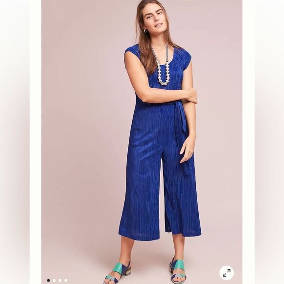 ANTHROPOLOGIE MAEVE SONATA BLUE PLEATED WIDE LEG CAP SLEEVE JUMPSUIT SZ 8 NEW! - Picture 2 of 13